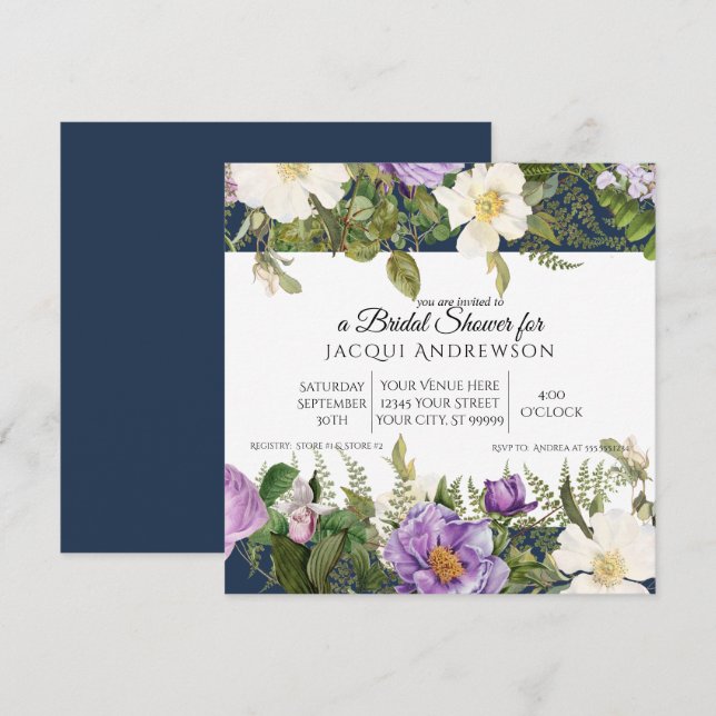 Invitación Rosas de marfil en lavanda ducha de novia floral (Anverso / Reverso)