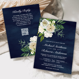 Invitación Rosas de Marfil Floral Azul Marino Código QR Boda