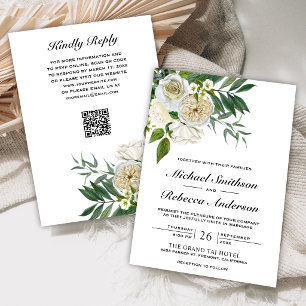 Invitación Rosas de Marfil Floral Código QR Botánico Boda