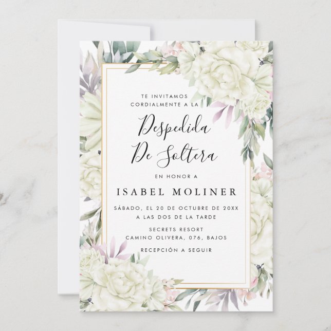 Invitación Rosas de marfil Floral Gold Ducha Nodal Española (Anverso)