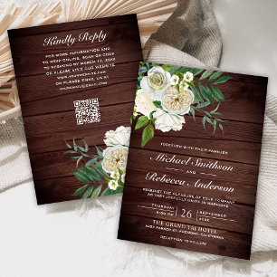 Invitación Rosas de Marfil Floral Granero Madera Código QR Bo