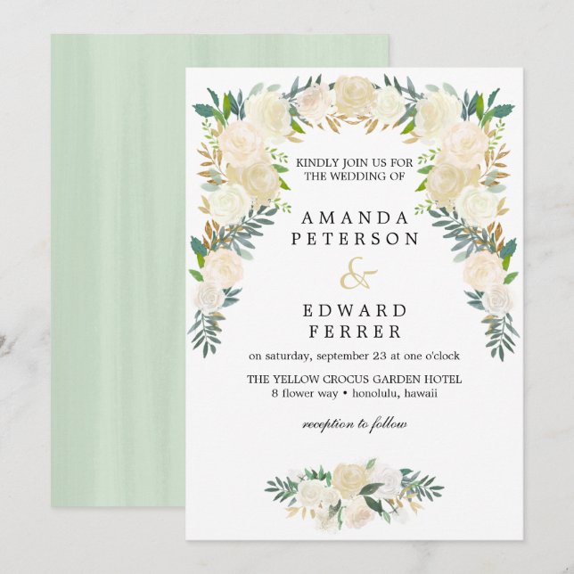 Invitación Rosas de Marfil Floral hierba boda menta rubor (Anverso / Reverso)