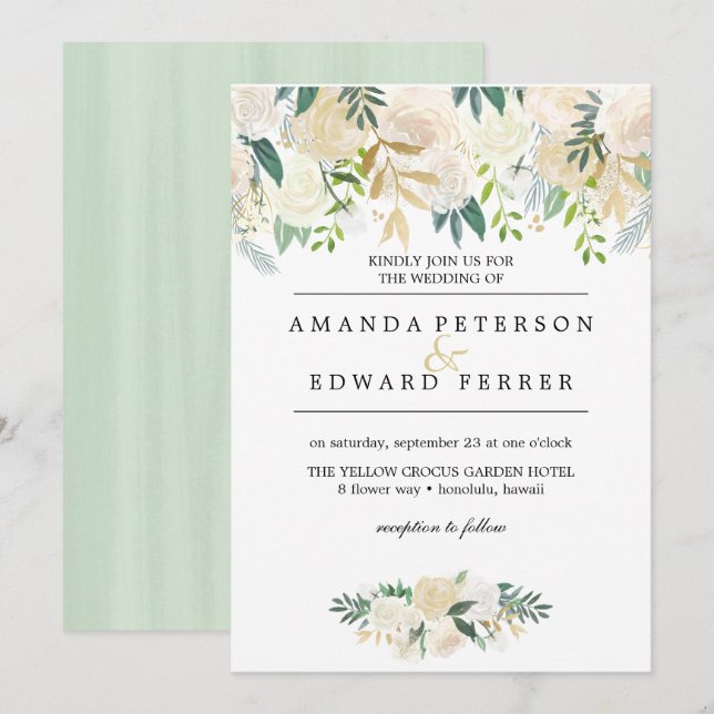 Invitación Rosas de marfil Floral menta boda verde (Anverso / Reverso)