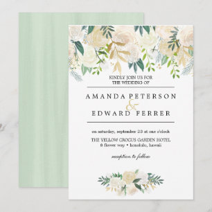 Invitación Rosas de marfil Floral menta boda verde