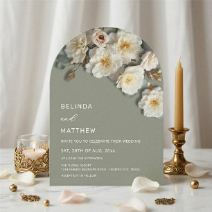 Invitación Rosas de Marfil Flores 3D Verde Salvia Arco Boda