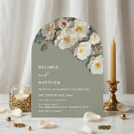 Invitación Rosas de Marfil Flores 3D Verde Salvia Arco de Bod