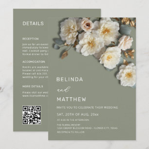 Invitación Rosas de Marfil Flores 3D Verde Salvia Todo en Uno