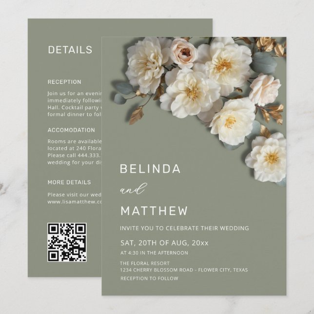 Invitación Rosas de Marfil Flores 3D Verde Salvia Todo en Uno (Anverso / Reverso)