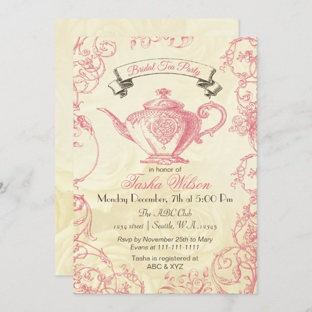Invitación Rosas de marfil rosados invitan a un té de novia (Anverso / Reverso)
