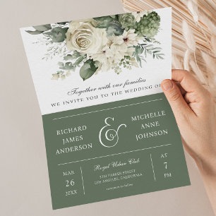 Invitación Rosas de Marfil Verde Salvia Código QR Boda