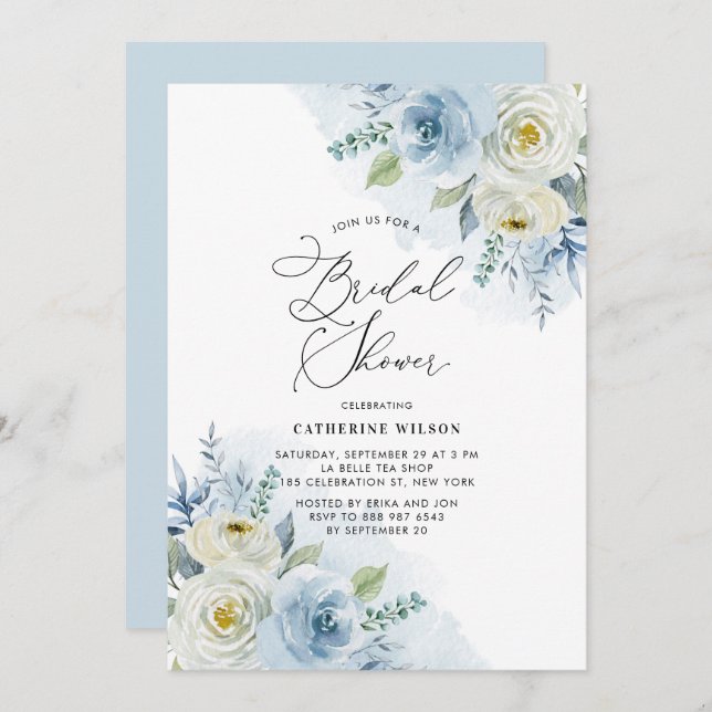 Invitación Rosas de marfil y azul acuarela ducha de novia (Anverso / Reverso)