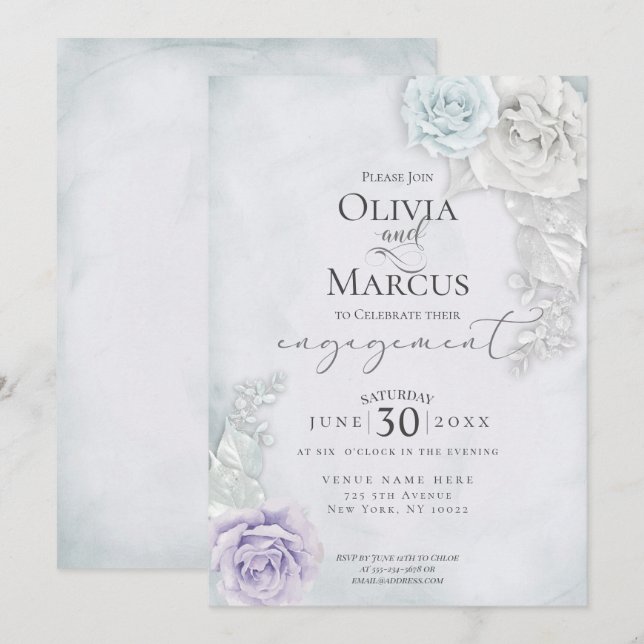 Invitación Rosas de marfil y Blue Lilac (Anverso / Reverso)