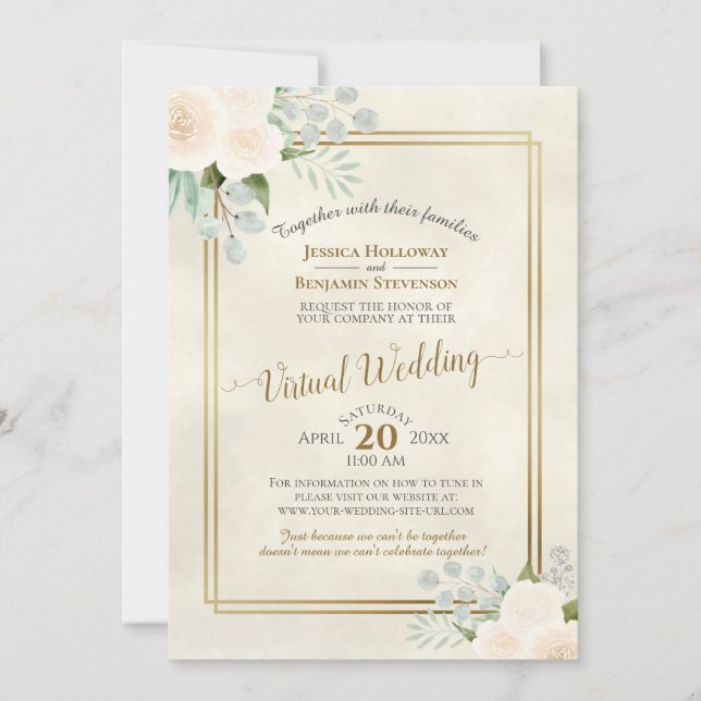 Invitación Rosas de marfil y Eucalyptus Boda virtual elegante (Anverso)