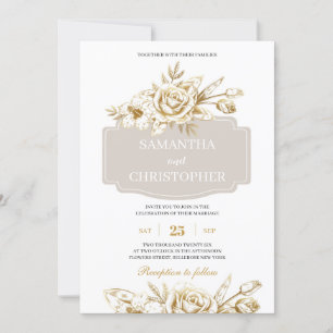 Invitación rosas de marfil y oro boda de moda rústica