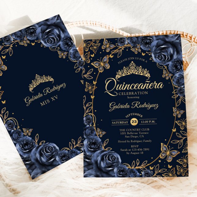 Invitación Rosas de mariposas de oro de la marina Quinceanera (Subido por el creador)