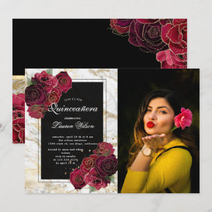 Invitación rosas de mármol dorado con flores Quinceanera Foto