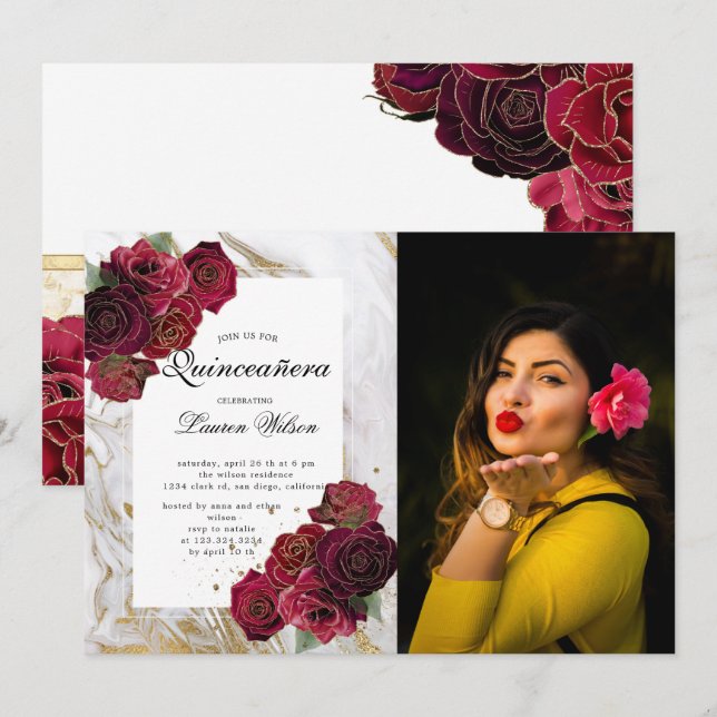 Invitación rosas de mármol dorado con flores Quinceanera Phot (Anverso / Reverso)