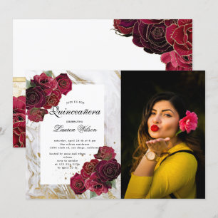 Invitación rosas de mármol dorado con flores Quinceanera Phot