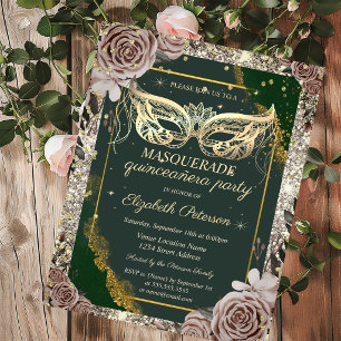 Invitación Rosas de Mascarada Dorada Brillo Verde Quinceañera