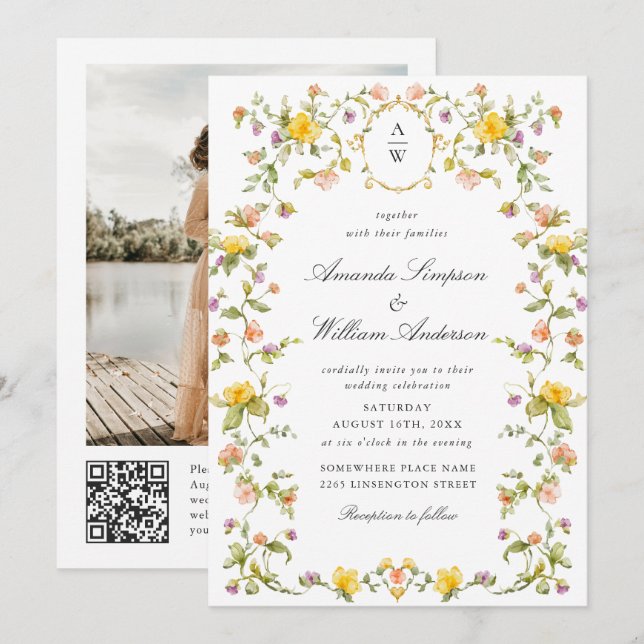 Invitación Rosas de Meadow Pastel Boda Floral Código QR Foto (Anverso / Reverso)