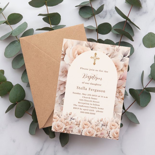 Invitación Rosas de melocotón crema floran arco Bautismo (Subido por el creador)