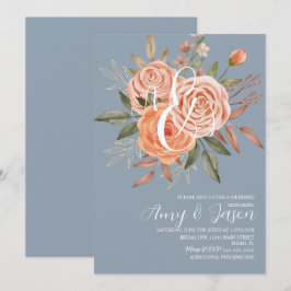 Invitación Rosas de melocotón floral acuarela azul polvorient