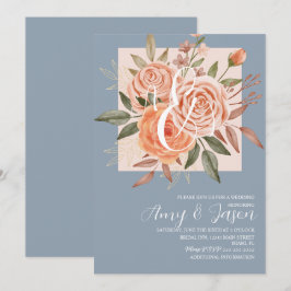Invitación Rosas de melocotón floral acuarela azul polvorient