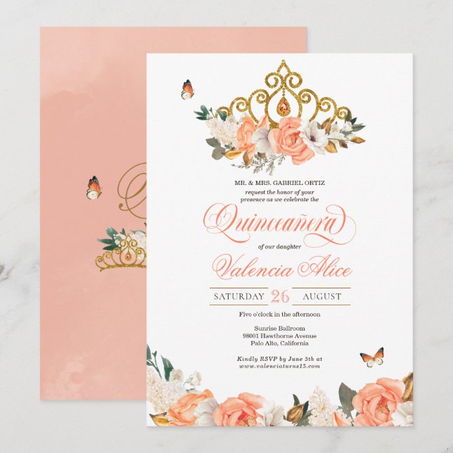 Invitación Rosas de Melocotón Gold Tiara Mariposa Elegante Qu (Anverso / Reverso)