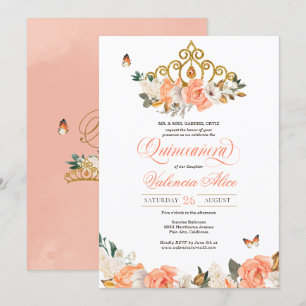 Invitación Rosas de Melocotón Gold Tiara Mariposa Elegante Qu