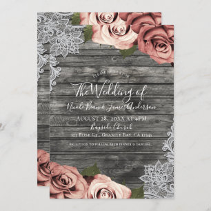 Invitación Rosas de Melocotón Gris Rústico Boda de encaje bla