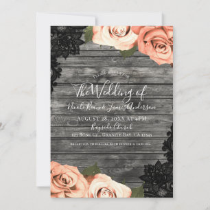 Invitación Rosas de melocotón grises de encaje negro boda rús