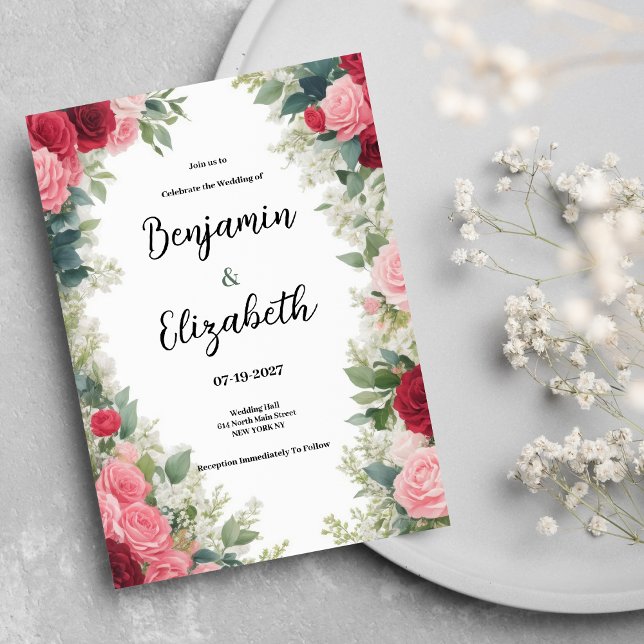 Invitación Rosas de menta blanca rosada romántica Boda floral (Romantic pink red white mint roses floral Wedding )