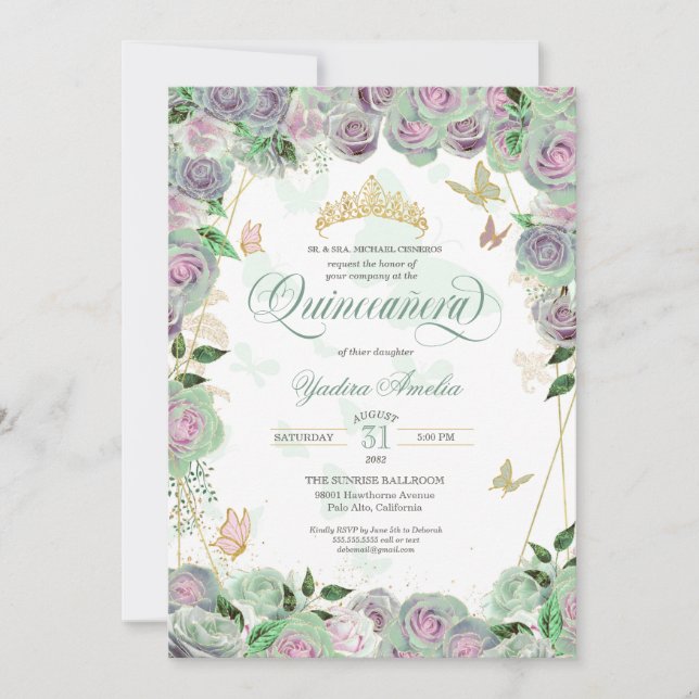 Invitación  Rosas de Mint Green Elegantes mariposa Quinceaner (Anverso)