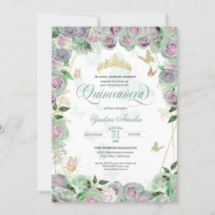 Invitación  Rosas de Mint Green Elegantes mariposa Quinceaner