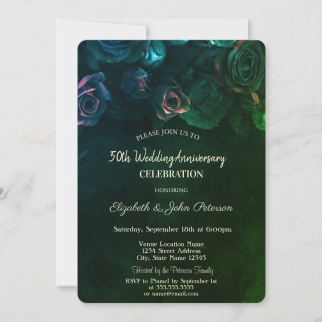 Invitación Rosas de moda Aniversario del Boda Verde (Anverso)