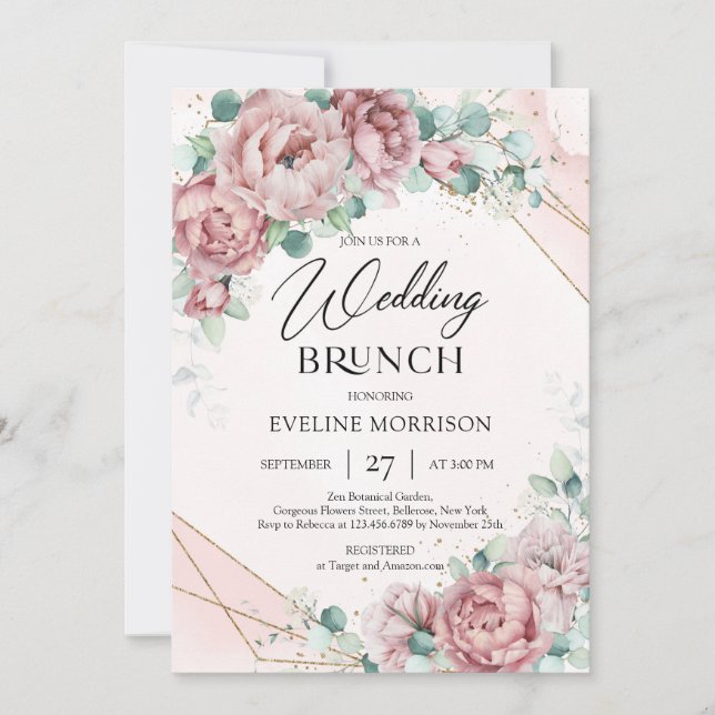 Invitación Rosas de moda boho ruidoso eucalipto boda brunch (Anverso)