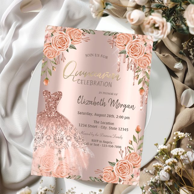 Invitación Rosas de moda Purpurina Drin Vestido Quinceañera (Subido por el creador)