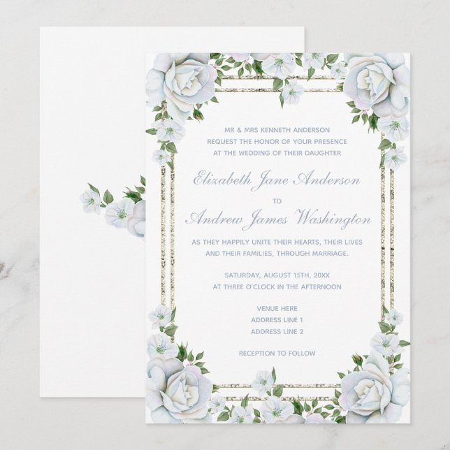 Invitación Rosas de moda y Boda floral con borde plateado (Anverso / Reverso)