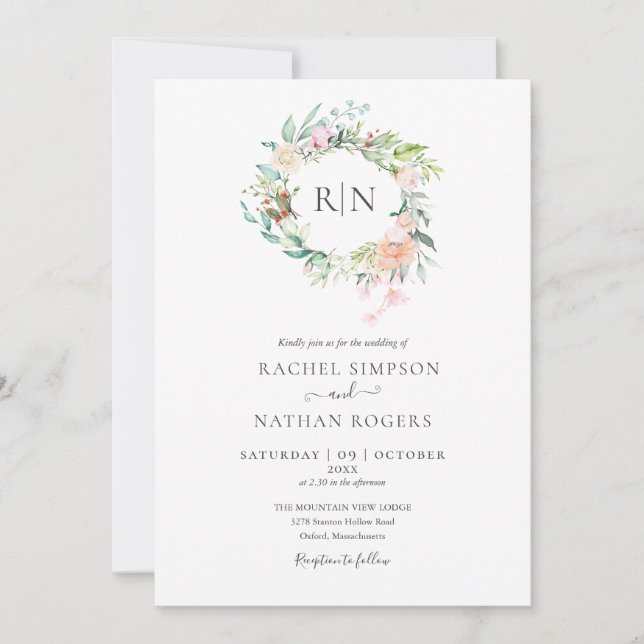 Invitación Rosas de monograma Verde Floral Boda (Anverso)