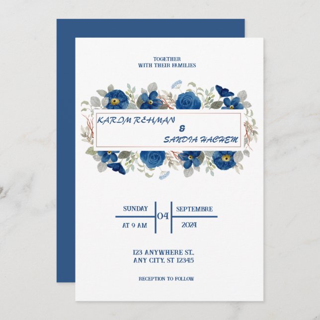 Invitación Rosas de Naranja terrenal Boda azul de la Marina F (Anverso / Reverso)