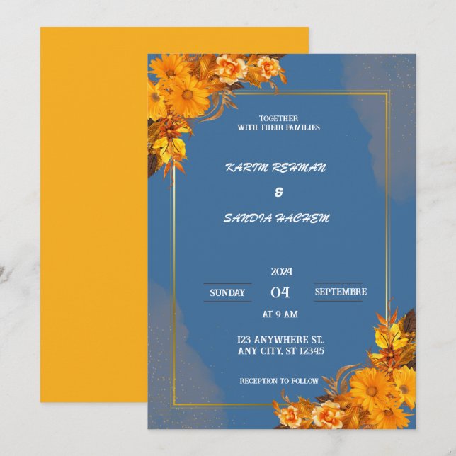 Invitación Rosas de Naranja terrenal Boda azul de la Marina F (Anverso / Reverso)