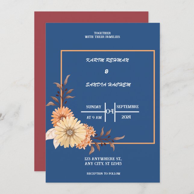 Invitación Rosas de Naranja terrenal Boda azul de la Marina F (Anverso / Reverso)