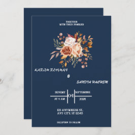 Invitación Rosas de Naranja terrenal Boda azul de la Marina F