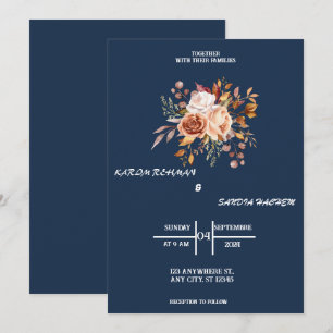 Invitación Rosas de Naranja terrenal Boda azul de la Marina F