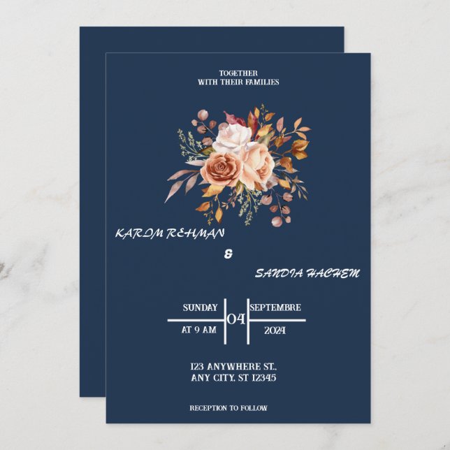 Invitación Rosas de Naranja terrenal Boda azul de la Marina F (Anverso / Reverso)