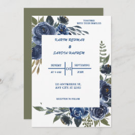 Invitación Rosas de Naranja terrenal Boda azul de la Marina F