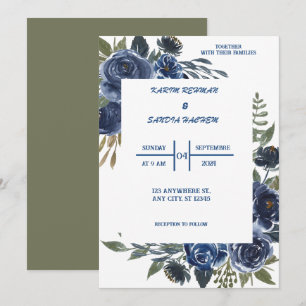 Invitación Rosas de Naranja terrenal Boda azul de la Marina F
