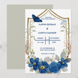 Invitación Rosas de Naranja terrenal Boda azul de la Marina F