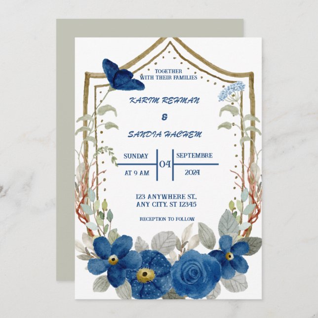 Invitación Rosas de Naranja terrenal Boda azul de la Marina F (Anverso / Reverso)