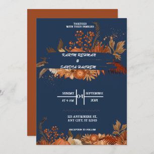 Invitación Rosas de Naranja terrenal Boda azul de la Marina F